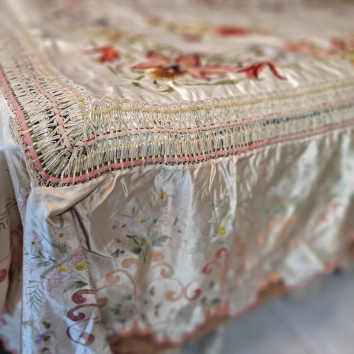 Antique French Silk Bedspread 1900s Hand Embroidered Cherub Putti Flower Garland Silk Damask Scalloped Edge Trousseau Victorian 