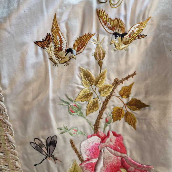 Antique French Silk Bedspread 1900s Hand Embroidered Cherub Putti Flower Garland Silk Damask Scalloped Edge Trousseau Victorian 