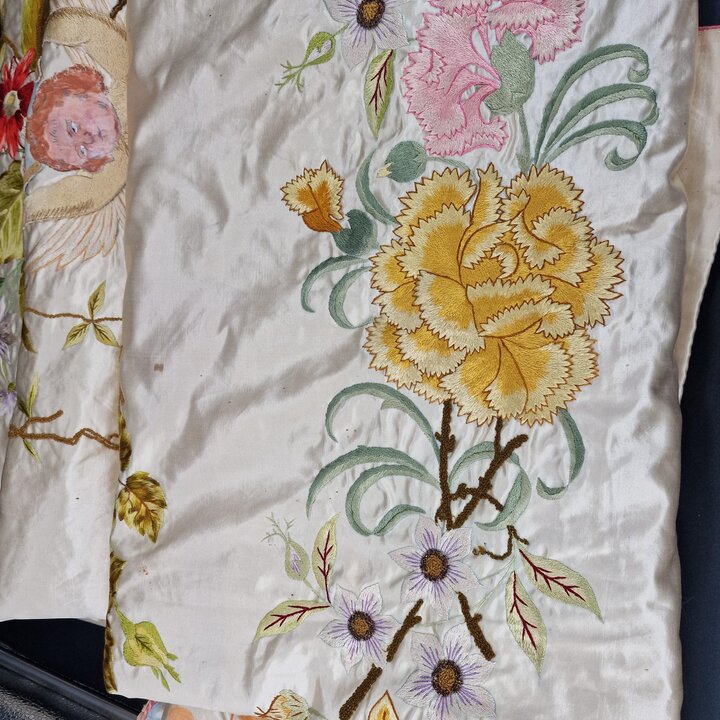 Antique French Silk Bedspread 1900s Hand Embroidered Cherub Putti Flower Garland Silk Damask Scalloped Edge Trousseau Victorian 