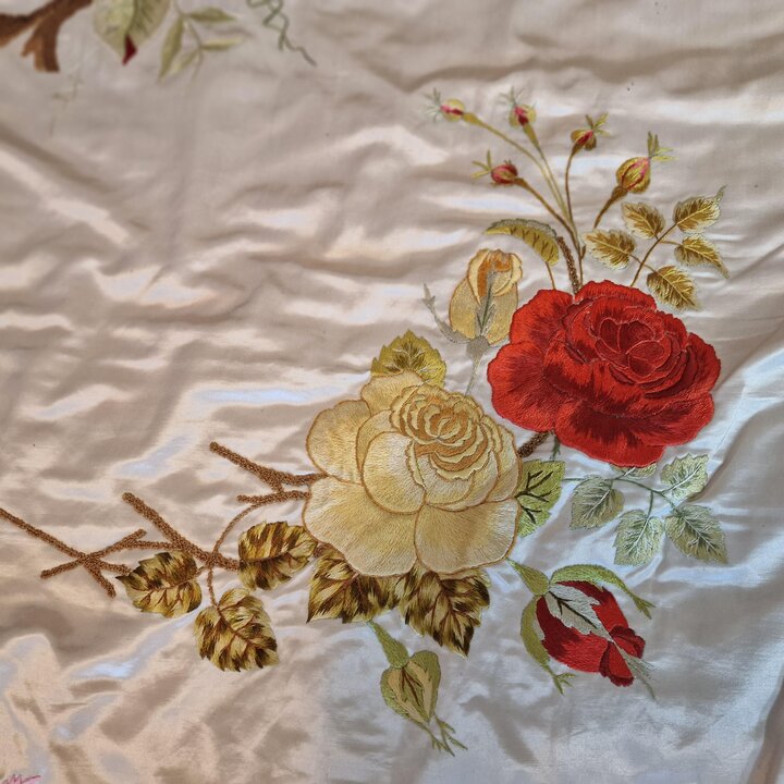 Antique French Silk Bedspread 1900s Hand Embroidered Cherub Putti Flower Garland Silk Damask Scalloped Edge Trousseau Victorian 