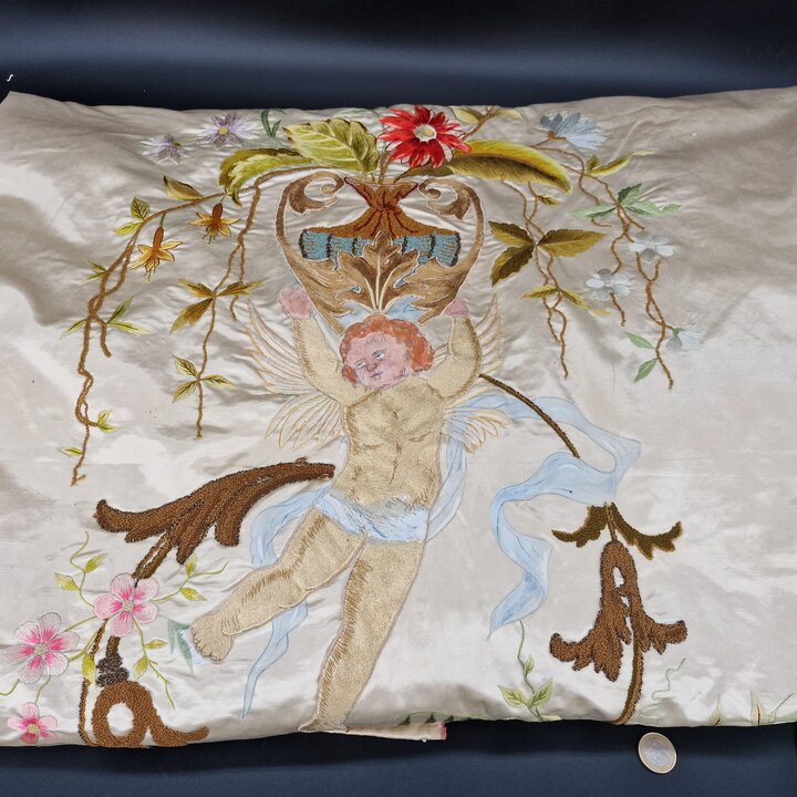 Antique French Silk Bedspread 1900s Hand Embroidered Cherub Putti Flower Garland Silk Damask Scalloped Edge Trousseau Victorian 