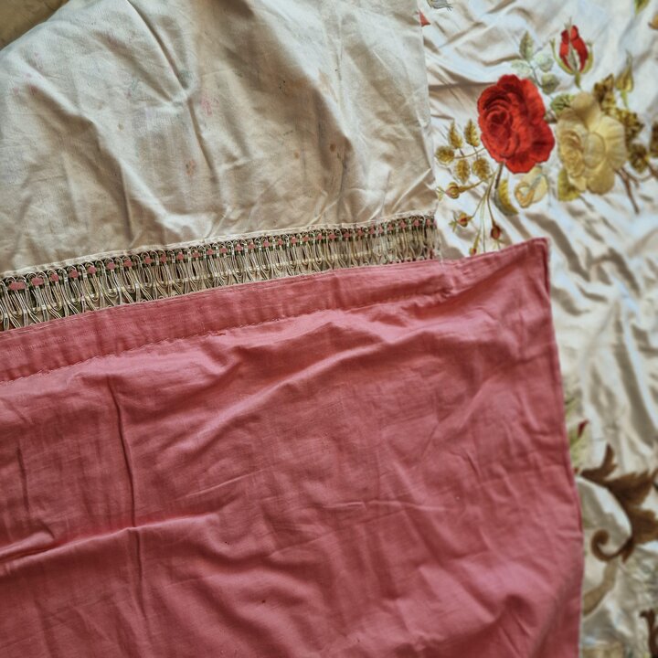 Antique French Silk Bedspread 1900s Hand Embroidered Cherub Putti Flower Garland Silk Damask Scalloped Edge Trousseau Victorian 