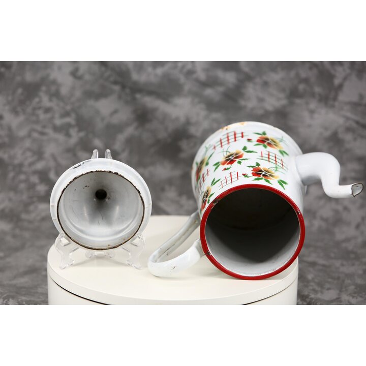 Ancienne Cafetiere Emaillee, Décor Fleurs de Pensees et Quadrillage, 2.2 Litres, Hauteur 22 cm, Vaisselle Vintage du XXe Siecle