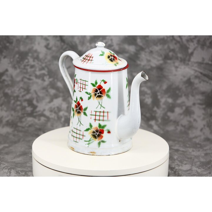 Vintage Enamel Coffee Pot Teapot, Pansy Floral Grid Motif, 2.2L Capacity, Height 22 cm, Mid 20th Century Kitchenware Enamelware