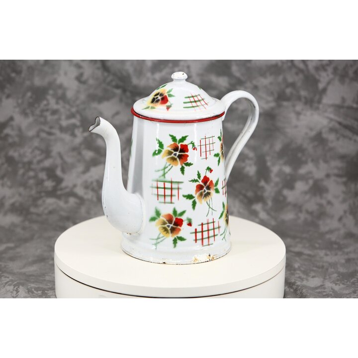 Ancienne Cafetiere Emaillee, Décor Fleurs de Pensees et Quadrillage, 2.2 Litres, Hauteur 22 cm, Vaisselle Vintage du XXe Siecle