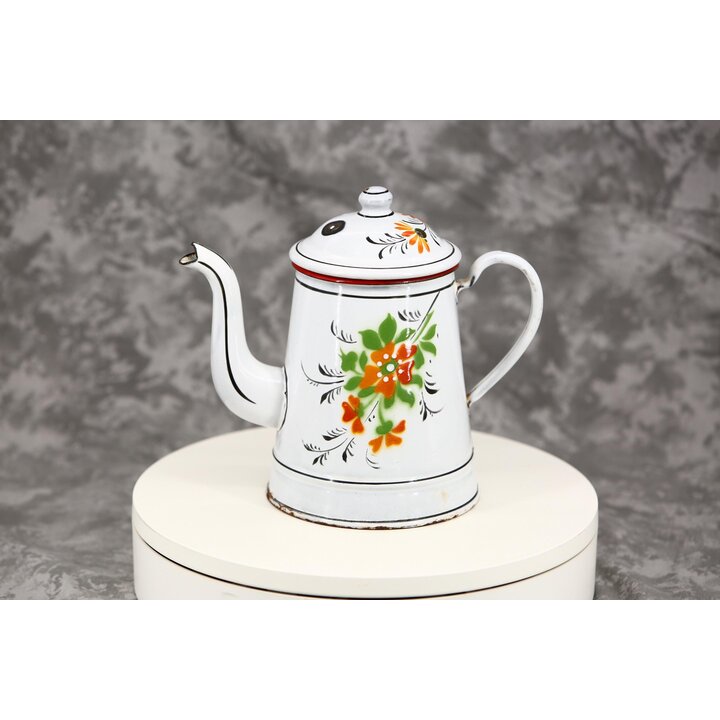 Cafetière Émaillée Théière Vintage Décor Floral Peint à la Main 1.2L Métal Émaillé Blanc Décoration Cuisine Rustique