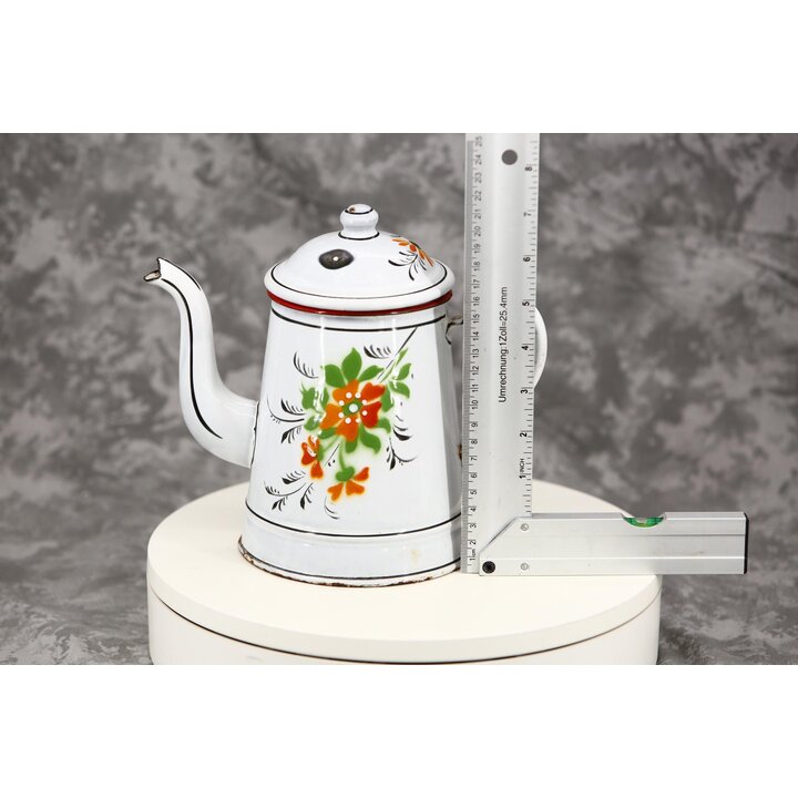 Vintage Enamel Coffee Pot Teapot Hand Painted Floral Pattern 1.2L White Enamelware Rustic Kitchen Decor Mid Century