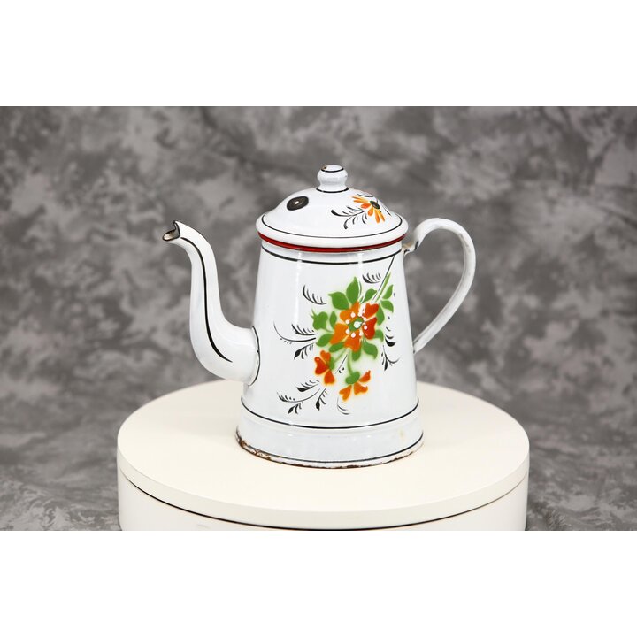 Cafeteira Esmaltada Bule de Chá Vintage Flores Pintadas à Mão 1.2L Metal Esmaltado Branco Decoração de Cozinha Rústica