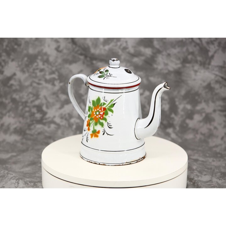 Vintage Enamel Coffee Pot Teapot Hand Painted Floral Pattern 1.2L White Enamelware Rustic Kitchen Decor Mid Century