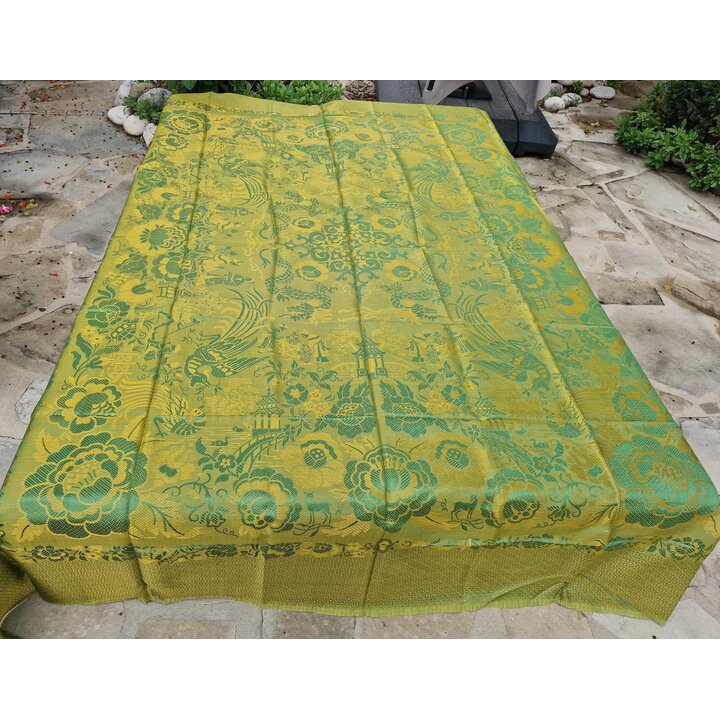 Colcha Vintage Chinoiserie Brocado, Dragão Fénix Seda Viscose Jacquard, Manta Verde Ouro 240x200 cm, Sem Uso Com Selo