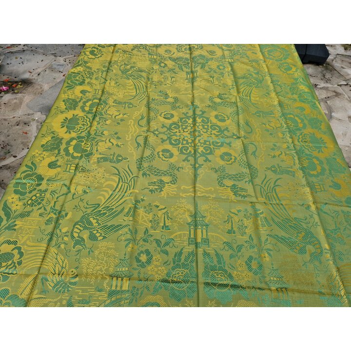 Vintage Chinoiserie Bedspread Coverlet, Dragon Phoenix Silk Viscose Brocade, Green Gold Jacquard 240x200 cm, Unused Tag