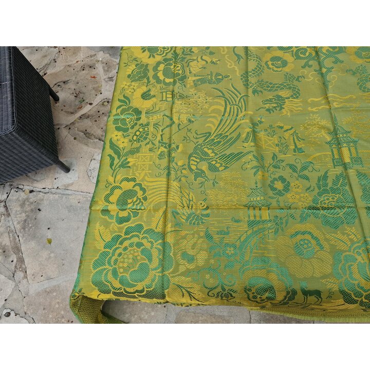 Vintage Chinoiserie Tagesdecke Brokat, Drache Phönix Seide Viskose Jacquard, Grünes Gold Bettüberwurf 240x200 cm, Unbenutzt