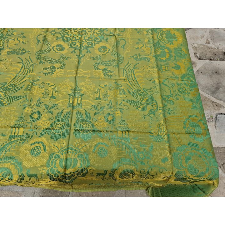 Vintage Chinoiserie Sprei Brokaat, Draak Feniks Zijde Viscose Jacquard, Groen Goud Dekken 240x200 cm, Ongebruikt Met Label