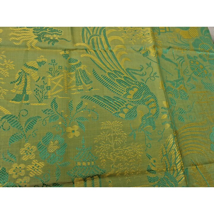 Couvre lit Vintage Chinoiserie Brocart, Dragon Phénix Soie Viscose Jacquard, Jeté de Lit Vert Or 240x200 cm, Etiquette Origine