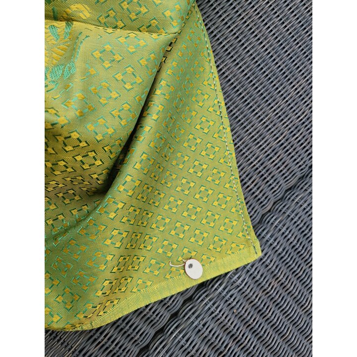 Colcha Vintage Chinoiserie Brocado, Dragon Fenix Seda Viscosa Jacquard, Manta Decorativa Verde Oro 240x200 cm, Sin Usar