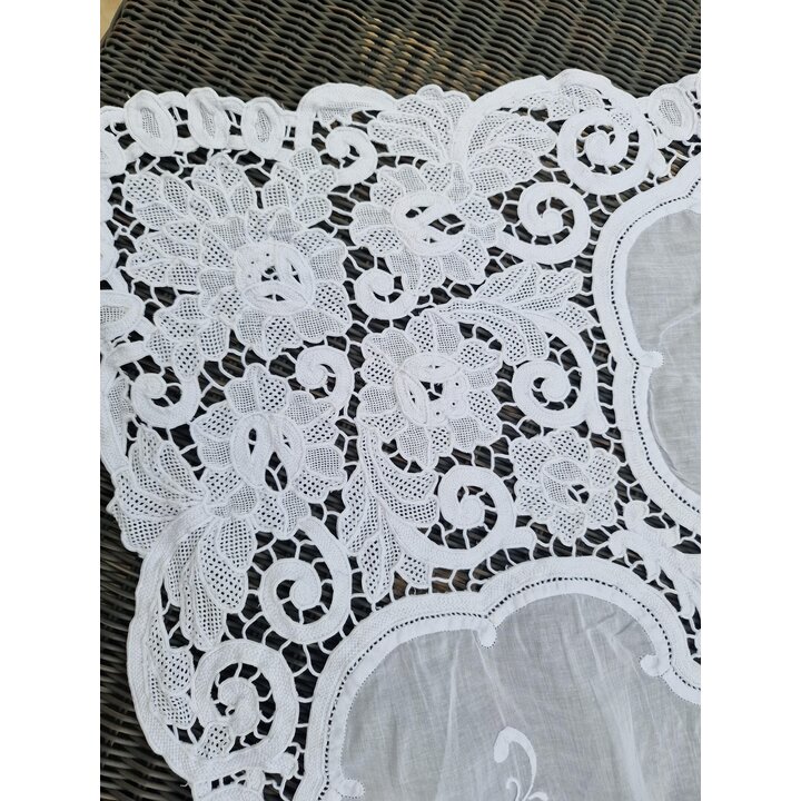 Mantiel Vintage Encaje Veneciano 170x400 cm, Manteleria Grande para Mesa Banquete, Algodon Blanco Bordado Ahuecado, Italia 1920
