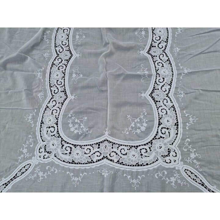 Vintage Venetian Lace Tablecloth 170x400 cm, Long Banquet Table Cover, White Cotton Needlework Openwork Textiles, 1920s Italian 