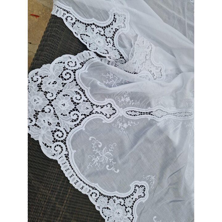 Toalha de Mesa Vintage Renda Veneziana 170x400 cm, Toalha Grande Banquete, Algodao Branco Bordado Vazado, Textil Italiano 1920