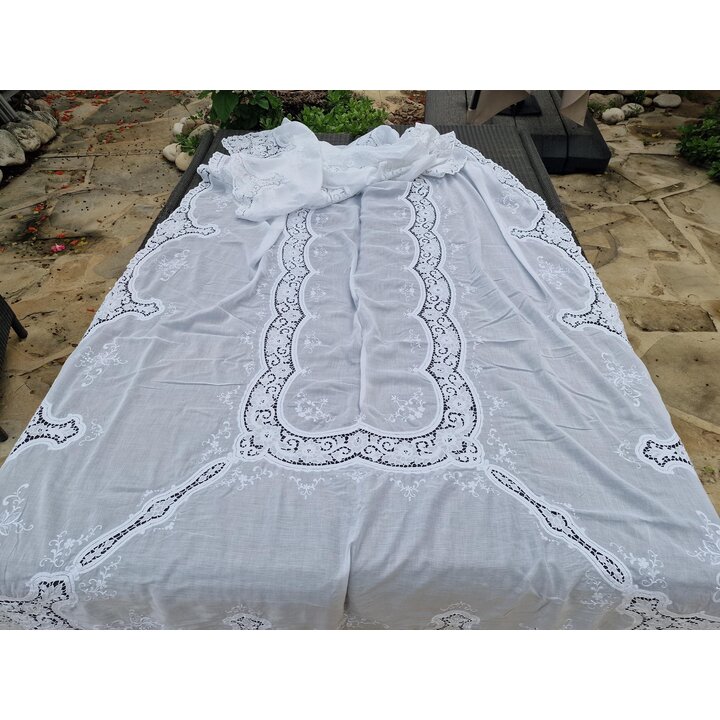 Mantiel Vintage Encaje Veneciano 170x400 cm, Manteleria Grande para Mesa Banquete, Algodon Blanco Bordado Ahuecado, Italia 1920