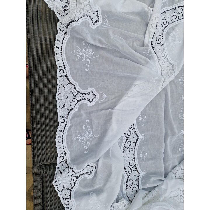 Mantiel Vintage Encaje Veneciano 170x400 cm, Manteleria Grande para Mesa Banquete, Algodon Blanco Bordado Ahuecado, Italia 1920