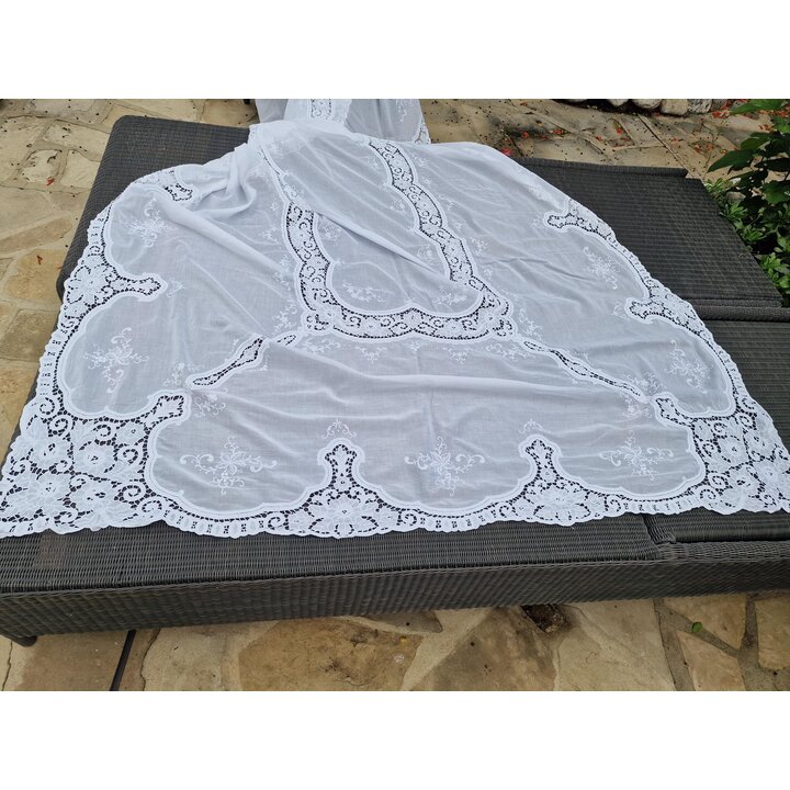 Toalha de Mesa Vintage Renda Veneziana 170x400 cm, Toalha Grande Banquete, Algodao Branco Bordado Vazado, Textil Italiano 1920