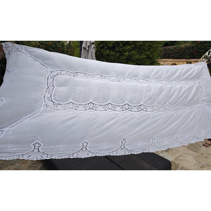 Toalha de Mesa Vintage Renda Veneziana 170x400 cm, Toalha Grande Banquete, Algodao Branco Bordado Vazado, Textil Italiano 1920