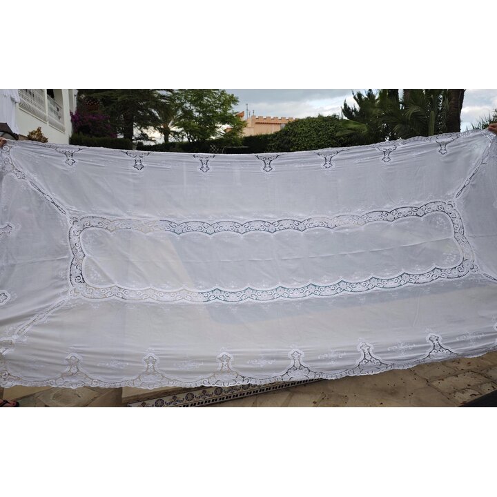 Toalha de Mesa Vintage Renda Veneziana 170x400 cm, Toalha Grande Banquete, Algodao Branco Bordado Vazado, Textil Italiano 1920
