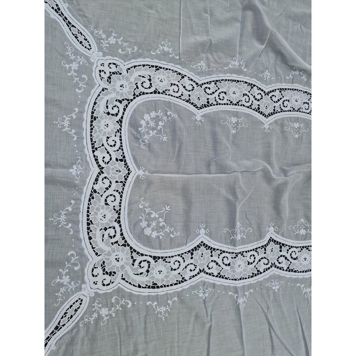 Nappe Vintage Dentelle Venitienne 170x400 cm, Grande Nappe De Banquet, Coton Blanc Broderie Jours Ouvrages, Textile Italien 1920