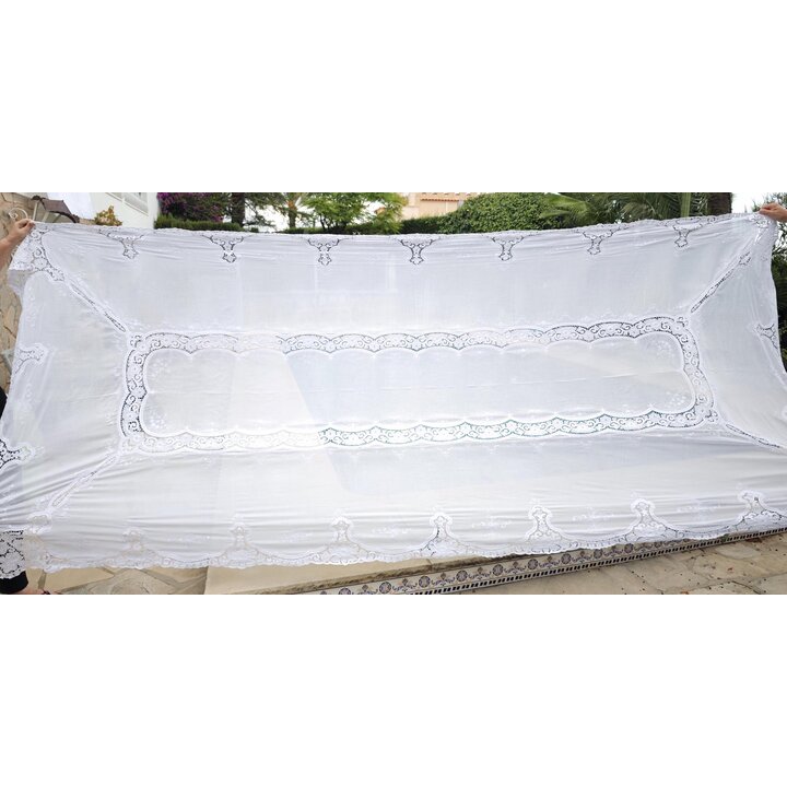 Mantiel Vintage Encaje Veneciano 170x400 cm, Manteleria Grande para Mesa Banquete, Algodon Blanco Bordado Ahuecado, Italia 1920