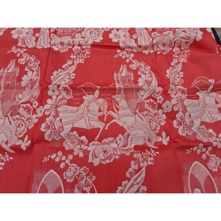 Vintage Spanish Jacquard Fabric by the Meter, Red Medieval Damask Upholstery Textile, 1950s Troubadour Brocade, 140 cm Wide