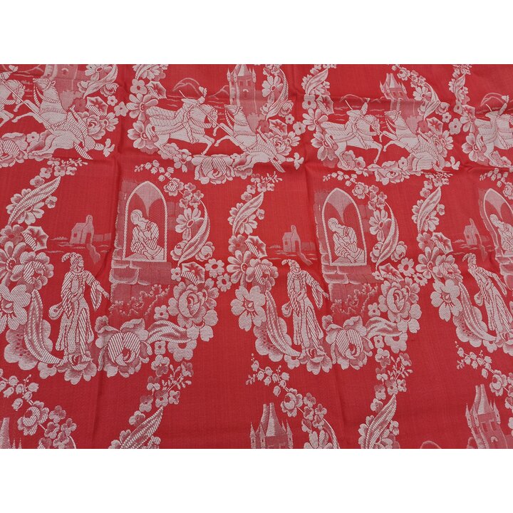 Vintage Spanish Jacquard Fabric by the Meter, Red Medieval Damask Upholstery Textile, 1950s Troubadour Brocade, 140 cm Wide