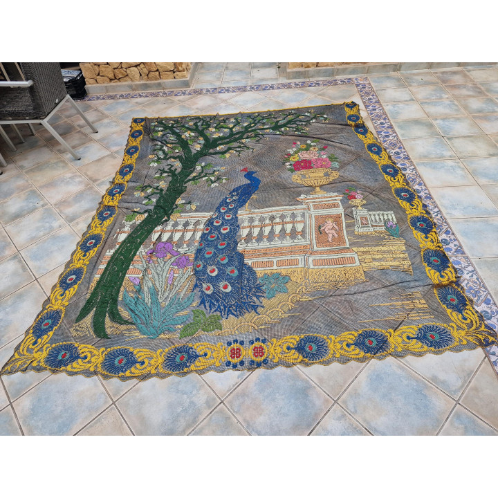Rideau Ancien Filet Brodé Art Nouveau Paon 1910