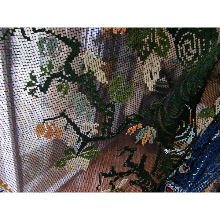 Rideau Ancien Filet Brodé Art Nouveau Paon 1910