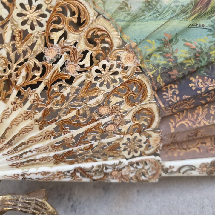 Antique Folding Fan F. Ucher, Hand Painted Silk with Courtly Scene and Landscape, Victorian Belle Époque, With Original Box