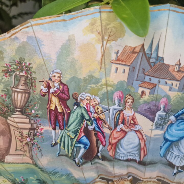 Antique Folding Fan F. Ucher, Hand Painted Silk with Courtly Scene and Landscape, Victorian Belle Époque, With Original Box