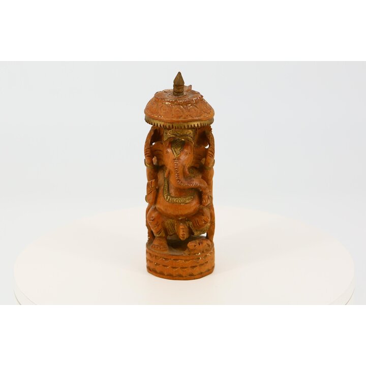 Hand Carved Wooden Ganesh Statue - 1990s Vintage Figure under Parasol - Indian Religious Decor for Altar