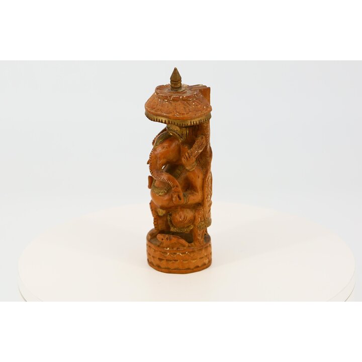 Hand Carved Wooden Ganesh Statue - 1990s Vintage Figure under Parasol - Indian Religious Decor for Altar