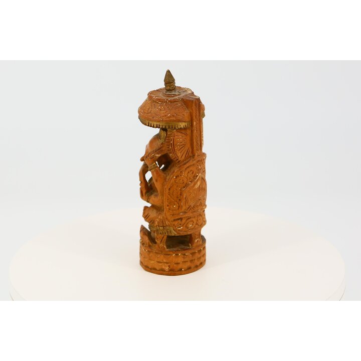 Hand Carved Wooden Ganesh Statue - 1990s Vintage Figure under Parasol - Indian Religious Decor for Altar