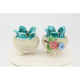 Coppia di Vasi in Maiolica Anni 30, Portafiori in Ceramica Dipinti a Mano, Portavasi con Piedini, Decorazione Giardino Vintage, 