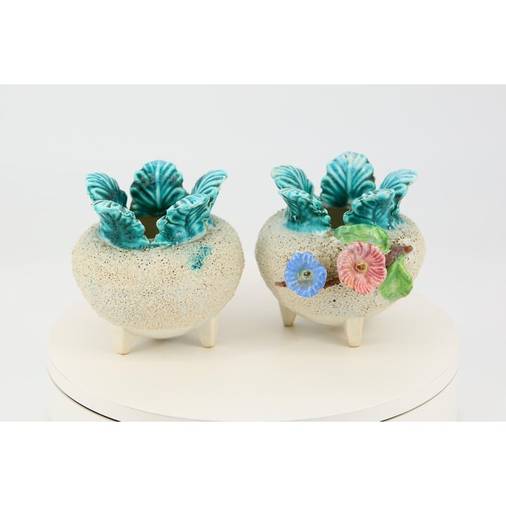 Paire de Cache-Pots en Majolique Années 30, Pots de Fleurs Céramique Peints à la Main, Jardinières Tripodes, Déco Vintage, Lot d