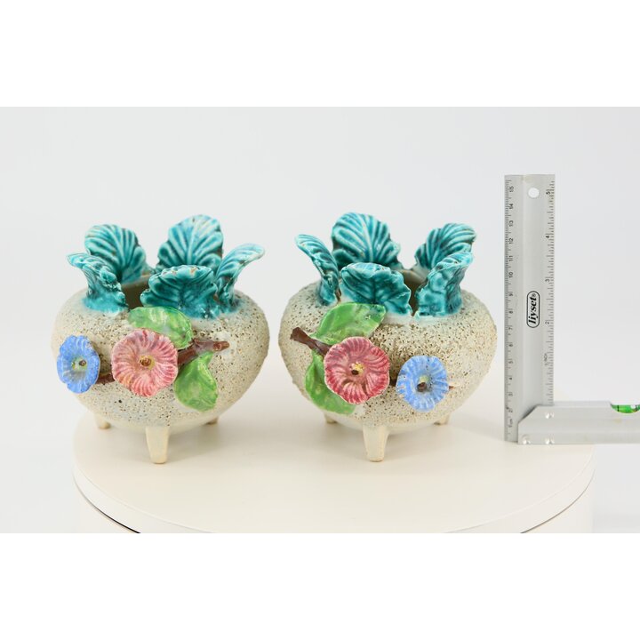 Paire de Cache-Pots en Majolique Années 30, Pots de Fleurs Céramique Peints à la Main, Jardinières Tripodes, Déco Vintage, Lot d