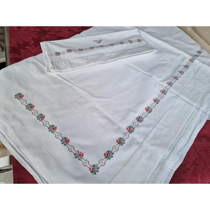 Parure de Lit Ancienne 1910, Broderie Main, Monogramme GA