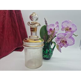Antique Bohemian Glass Decanter, Frosted Glass Bottle Carafe with Stopper, Hand Painted Gold Enamel Gallant Scene 500 ml, c1900