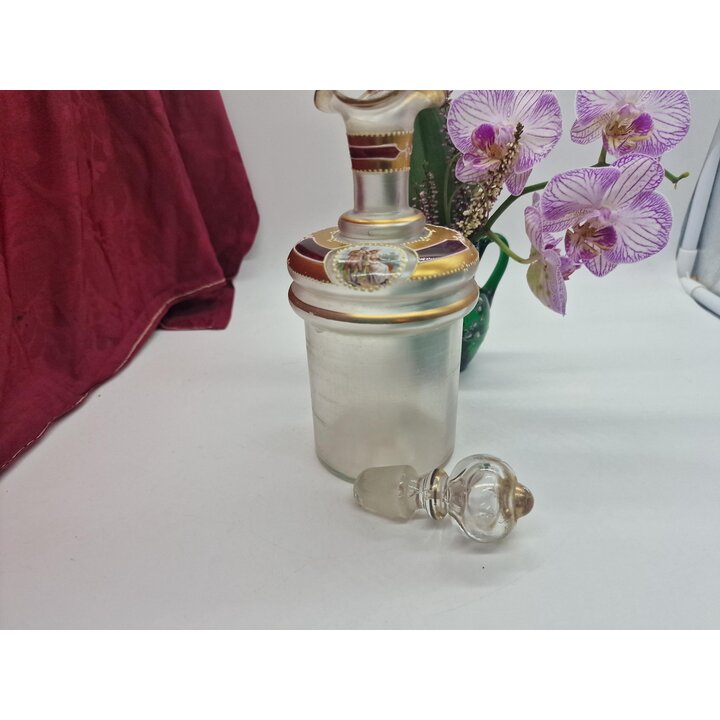 Antique Bohemian Glass Decanter, Frosted Glass Bottle Carafe with Stopper, Hand Painted Gold Enamel Gallant Scene 500 ml, c1900