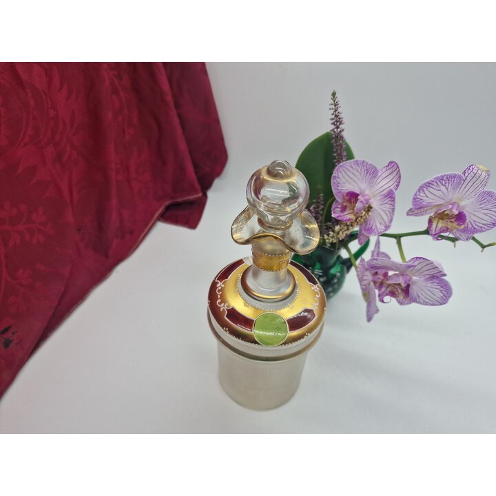 Antique Bohemian Glass Decanter, Frosted Glass Bottle Carafe with Stopper, Hand Painted Gold Enamel Gallant Scene 500 ml, c1900