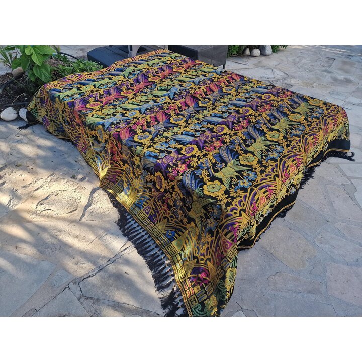 Vintage Jacquard Bedspread, Silk Cotton Peacock Coverlet, Tapestry Blanket with Fringe, Early 20th Century Bedroom Decor