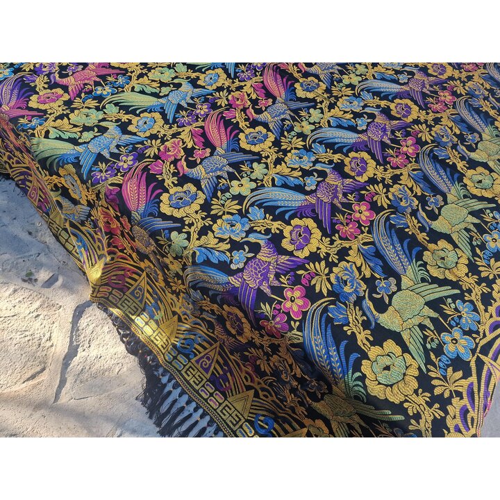 Colcha Jacquard Vintage, Cubrecama de Seda y Algodon, Manta Tapiz con Flecos, Pavo Real, Decoracion Dormitorio Siglo XX