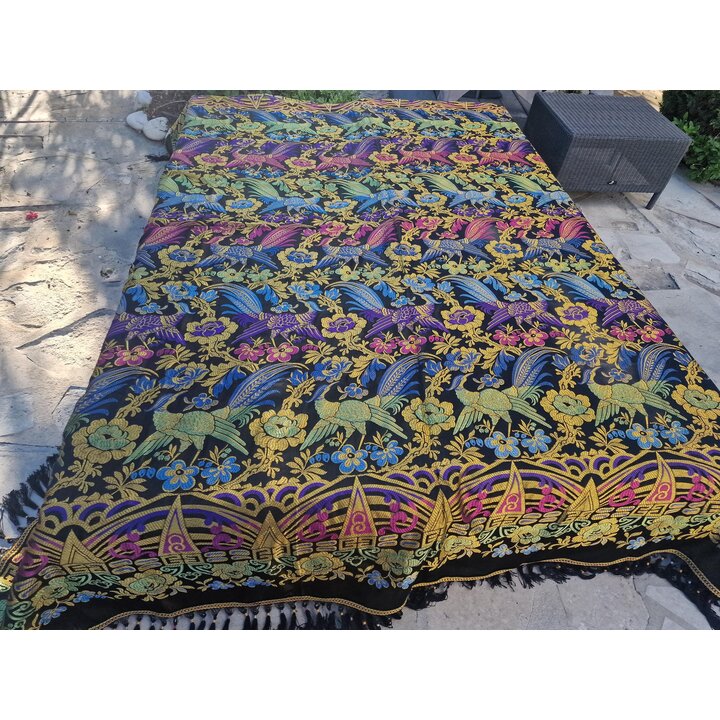Colcha Jacquard Vintage, Cubrecama de Seda y Algodon, Manta Tapiz con Flecos, Pavo Real, Decoracion Dormitorio Siglo XX