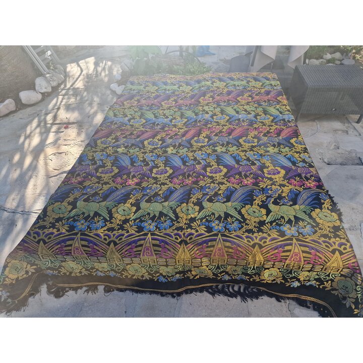 Colcha Jacquard Vintage, Cubrecama de Seda e Algodao, Manta Tapecaria com Franjas, Pavao, Decoracao Quarto Seculo XX