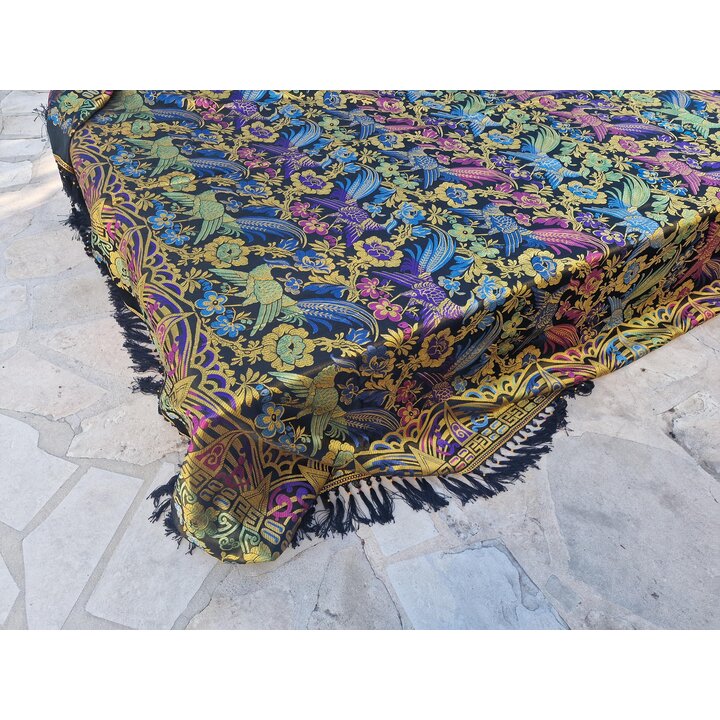 Colcha Jacquard Vintage, Cubrecama de Seda y Algodon, Manta Tapiz con Flecos, Pavo Real, Decoracion Dormitorio Siglo XX